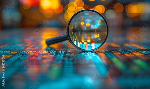 Magnifying Glass Over Digital Financial Charts: Analyzing Stock Market Trends and Business Performance with Graphs and Bar Graphs