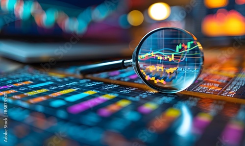 Magnifying Glass Over Digital Financial Charts: Analyzing Stock Market Trends and Business Performance with Graphs and Bar Graphs