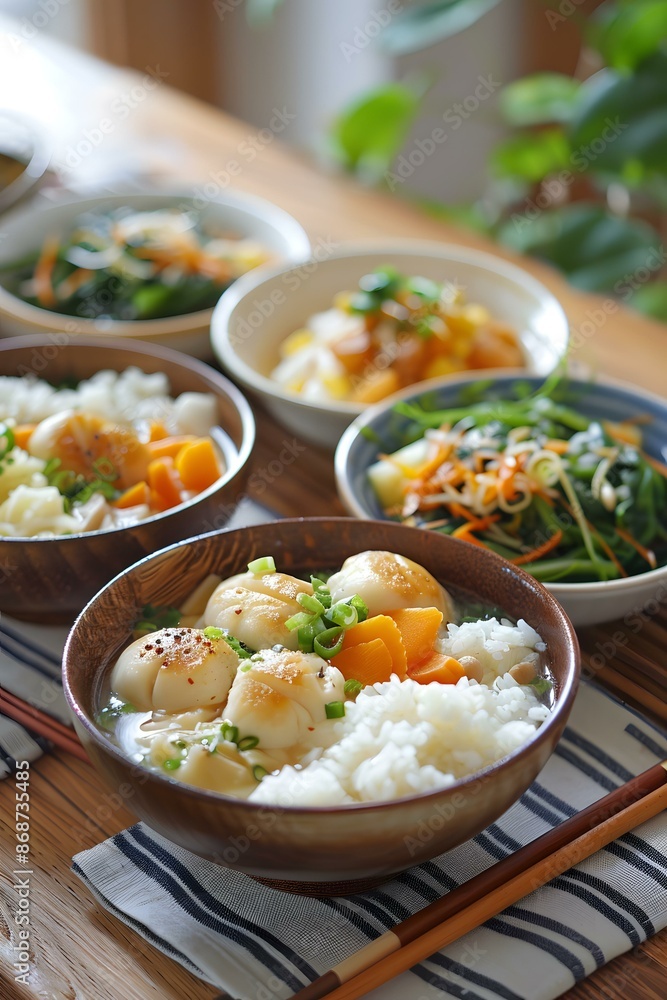 Close Up of Japanese Food Scallop Rice Soup Close Up of Japanese Food Scallop Rice Soup
