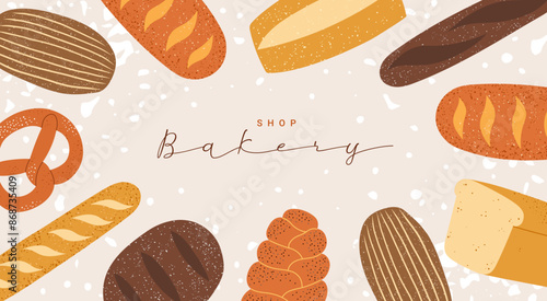 Bakery background with bread products. Vintage textured poster for bakery shop. Whole grain, rye, and wheat bread, ciabatta, loaf, baguette. Vector design template for ads, banner, cover, label.