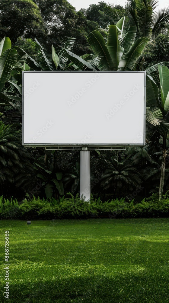 Fototapeta premium Blank white billboard in a lush green garden surrounded by tropical trees, ready for advertisement or promotional content.