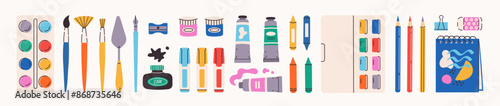 Set of painting tools elements in flat style. Art supplies: brushes, paint tubes, pencils, ink, watercolor, markers, palette, crayons, sketchbook. Vector hand draw illustration.