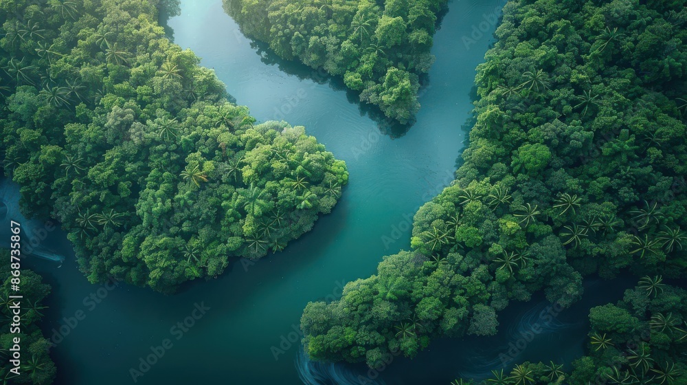 Aerial view of a pristine river flowing through a dense rainforest Aerial view of a pristine river flowing through a dense rainforest