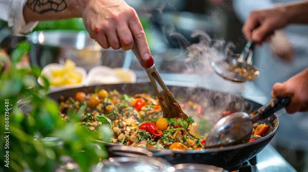 Close-up of chefs preparing a colorful vegetable stir-fry in a bustling kitchen, with steam rising and fresh ingredients Close-up of chefs preparing a colorful vegetable stir-fry in a bustling kitchen, with steam rising and fresh ingredients