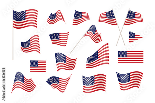 Patriotic USA symbols vector illustration. Various American flags set isolated on white background.