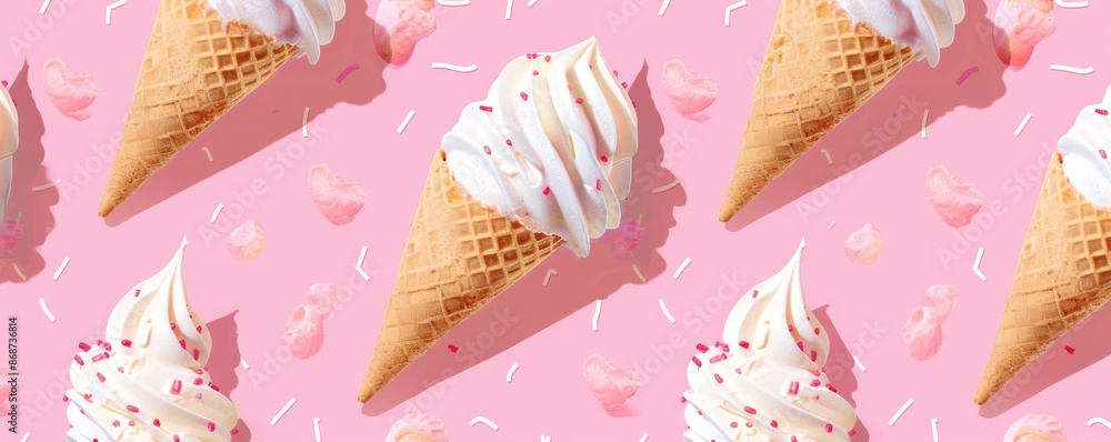Obraz premium Seamless pattern featuring various ice cream cones and sundaes against a pastel pink background. The cute and colorful design is perfect for summer, desserts, and playful themes.