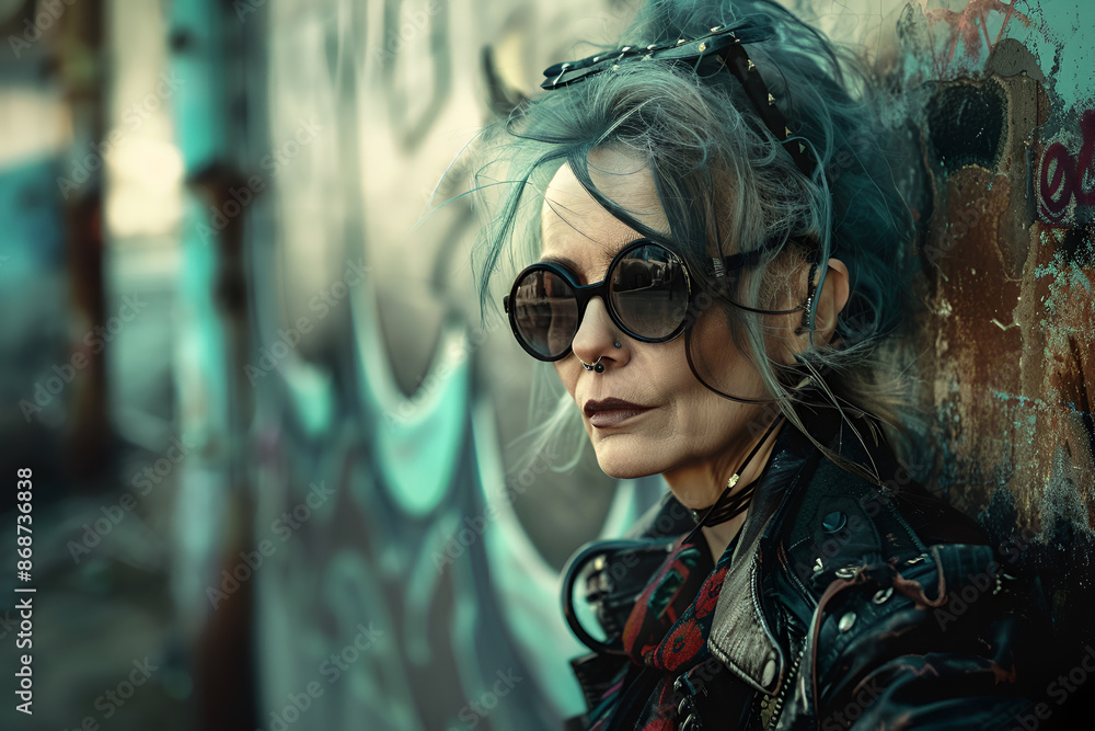 Portrait of mid age woman with alternative grunge outfit and style Portrait of mid age woman with alternative grunge outfit and style