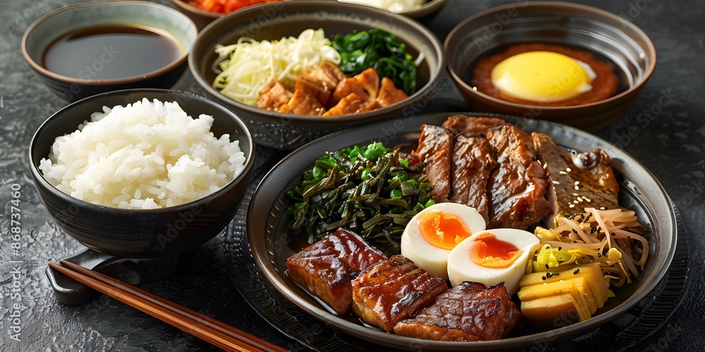 A delicious and healthy Japanese meal with rice, fish, and vegetables A delicious and healthy Japanese meal with rice, fish, and vegetables