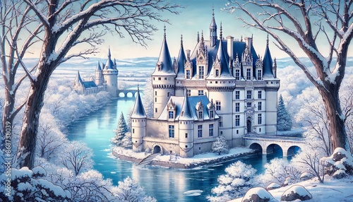 A winter scene in Loire Valley, featuring magnificent châteaux surrounded by snow-covered trees and icy rivers