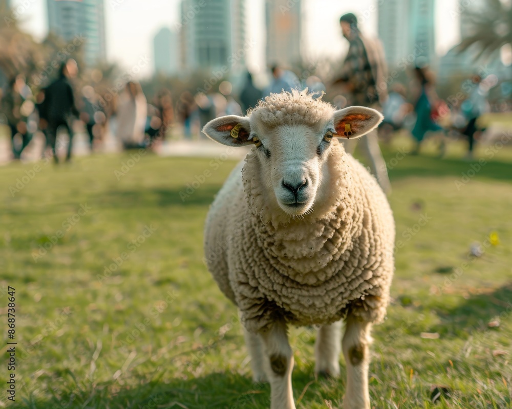 Fototapeta premium Sheep in park with crowd and dubai backdrop, shot on sony alpha a9 ii with f 2.8 lens