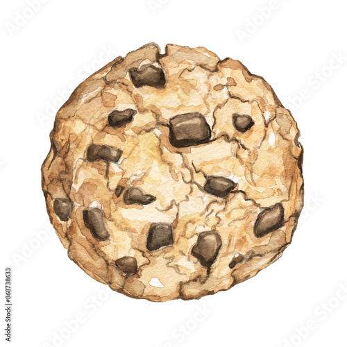 Home made chocolate chip cookie isolated on white background. Watercolor hand drawn illustration