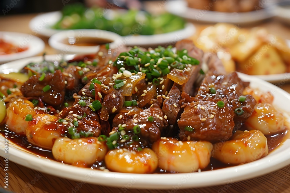 delicious korean food with rice cakes and pork delicious korean food with rice cakes and pork
