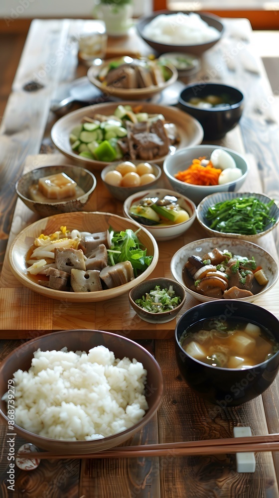 Japanese meal with a variety of dishes on a wooden table Japanese meal with a variety of dishes on a wooden table