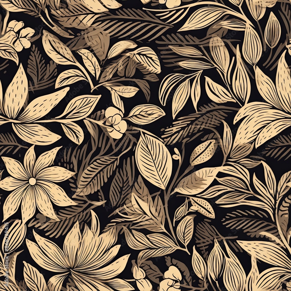 Abstract floral lino cuts of leaves and flowers designed in a random pattern Abstract floral lino cuts of leaves and flowers designed in a random pattern