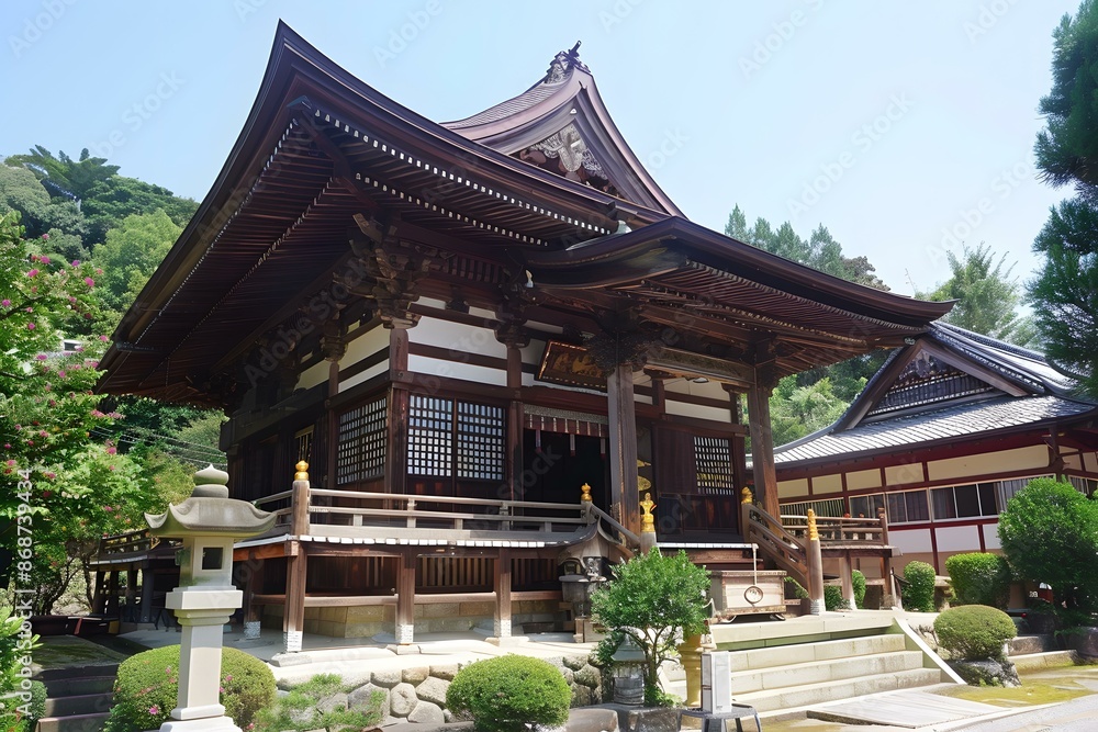 Japanese temple with traditional architecture and lush green surroundings Japanese temple with traditional architecture and lush green surroundings