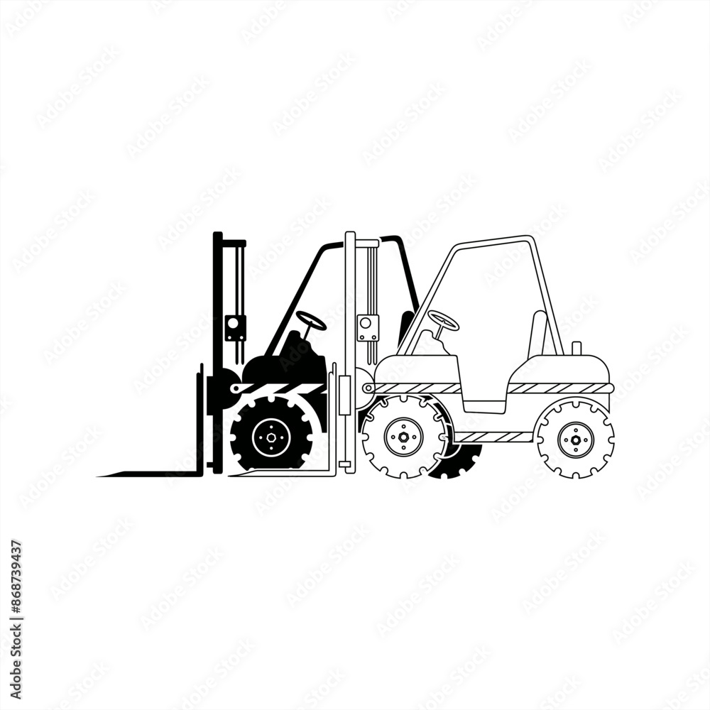 line art and silhouette illustration of a forklift truck for icon or logo line art and silhouette illustration of a forklift truck for icon or logo
