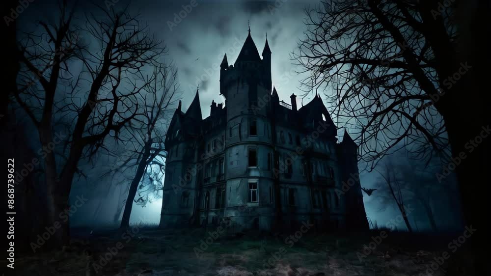 dark, foreboding castle sits under a stormy night sky, with its windows glowing ominously. Barren trees surround the castle, adding to the spooky and mysterious atmosphere dark, foreboding castle sits under a stormy night sky, with its windows glowing ominously. Barren trees surround the castle, adding to the spooky and mysterious atmosphere