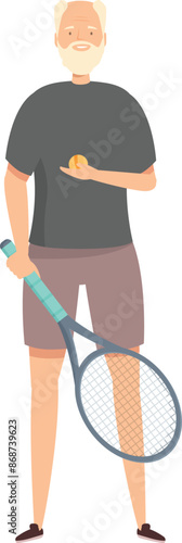 Senior man in sportswear holding tennis ball and racket, enjoying sport activity, healthy lifestyle concept
