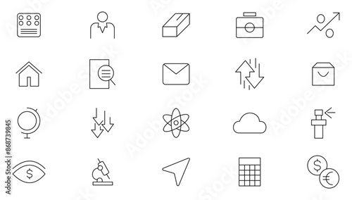 Stock market line icon set. Business, stock marketing, stock exchange, investment, shares, financial goals, bear marketing, trading, securities, and money outline icon collection. UI thin outline icon