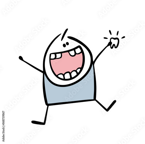 Little boy with his mouth open jumps with happiness and shows  teeth. Cute baby tooth fell out. Cartoon funny child  waiting for a gift from the fairy. Isolated doodle character on white background.