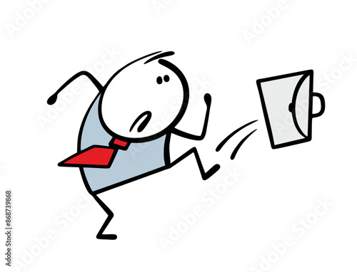 Cartoon angry businessman kicks  briefcase with documents. Vector illustration Doodle character tired and dissatisfied . Isolated hand drawn man on white background. Aggressive office employee.