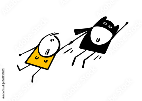 Superman in a black mask and cape flies up into the sky and holds a girls hand. Vector illustration of  stickman rescues   cartoon disgruntled woman. Brave and strong defender of the weak.