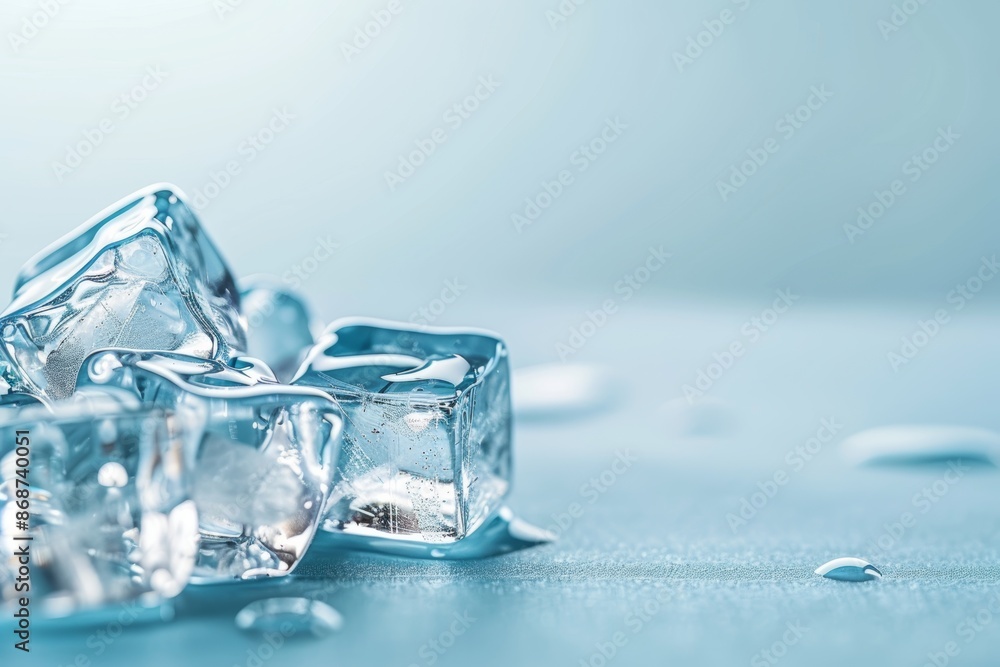 Chilled blue ice cubes panorama on light blue background in a serene cold blue hue Chilled blue ice cubes panorama on light blue background in a serene cold blue hue