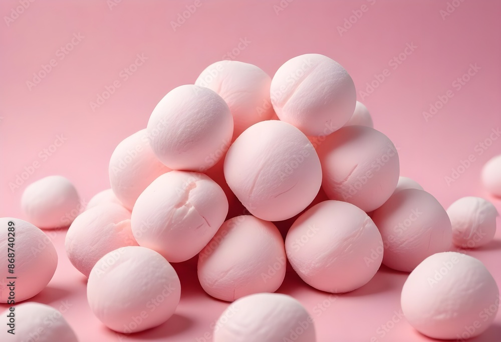 Soft pink marshmallows or cotton candy balls, close-up view of the fluffy, round confections against a pink background
Soft pink marshmallows or cotton candy balls, close-up view of the fluffy, round confections against a pink background