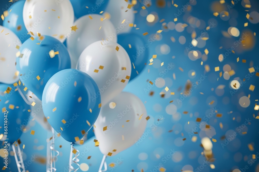Festive birthday background blue white balloons, golden confetti for party decor Festive birthday background blue white balloons, golden confetti for party decor
