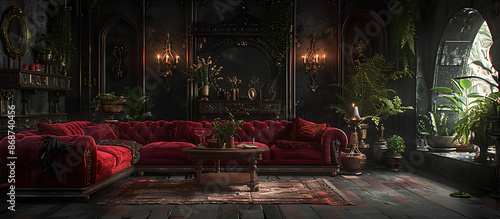 Victorian Vampire's Lair with rich velvet upholstery, Gothic decor, and a dark, vampiric ambiance. Victorian vampire's lair home decor. Template. gothic decorHalloween gothic vampire dark living room. photo