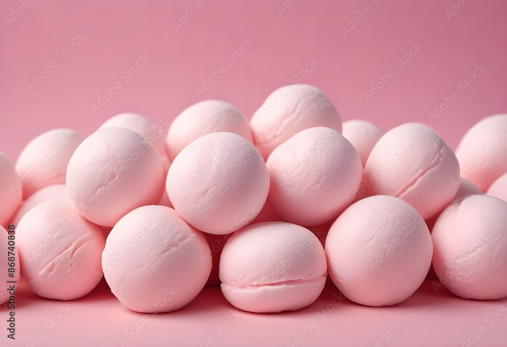 Soft pink marshmallows or cotton candy balls, close-up view of the fluffy, round confections against a pink background
Soft pink marshmallows or cotton candy balls, close-up view of the fluffy, round confections against a pink background