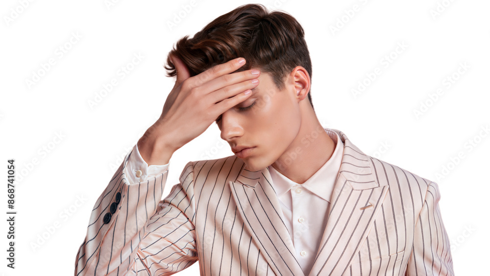 Young Man Wearing Pink Striped Suit With Hand On Forehead Young Man Wearing Pink Striped Suit With Hand On Forehead