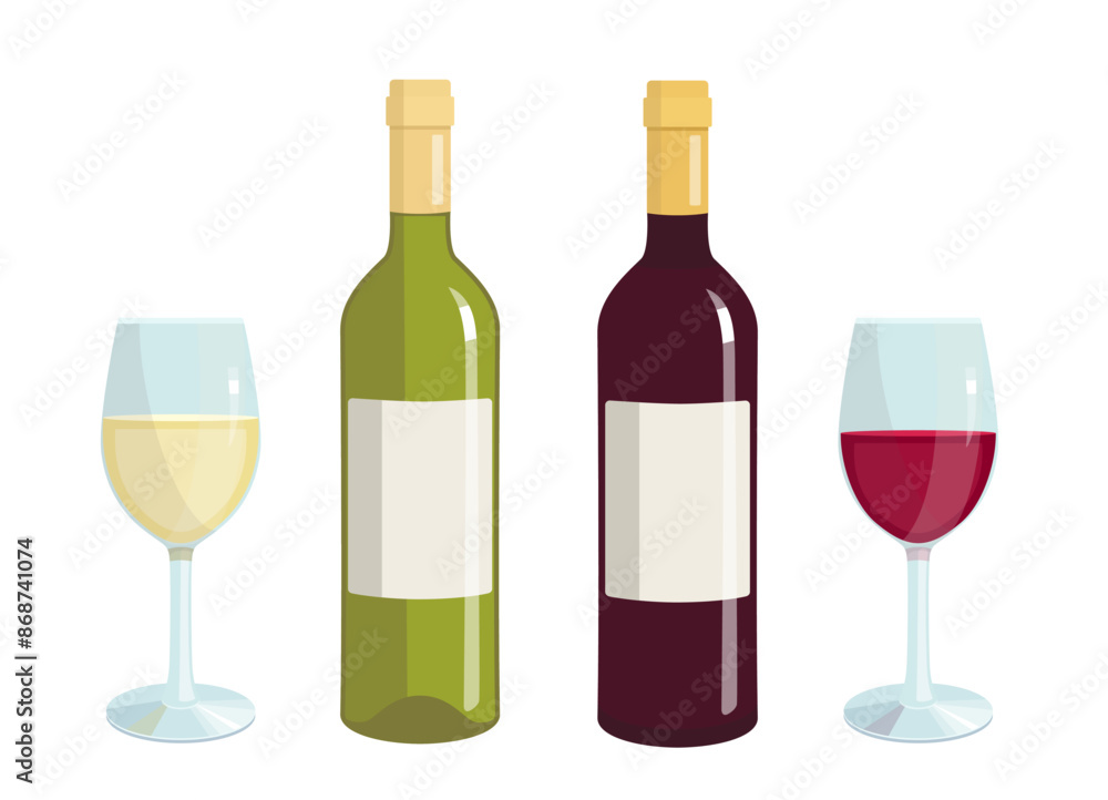 Vector set of red and white wine, illustration of glass and bottle with red wine, alcoholic white drink in flat style for poster, bar menu print design Vector set of red and white wine, illustration of glass and bottle with red wine, alcoholic white drink in flat style for poster, bar menu print design