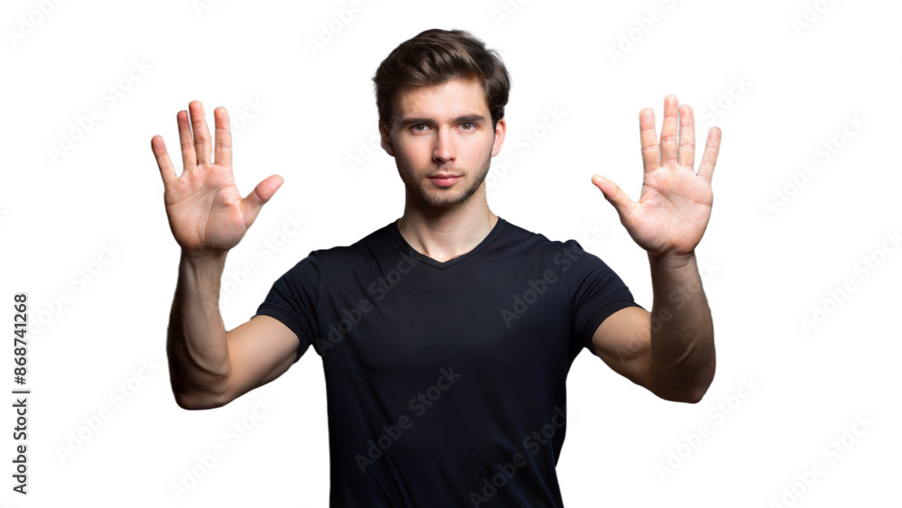 Fototapeta premium Man Holding Hands Up in Front of Him