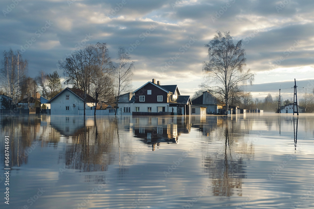 Houses reflected in floodwaters under a cloudy sky symbolizing natural disaster and climate impact in a residential area Houses reflected in floodwaters under a cloudy sky symbolizing natural disaster and climate impact in a residential area