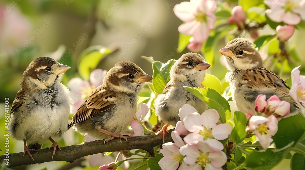 On a sunny may day a group of little am using sparrow chicks sit in the garden amid green apple blossoms very detailed and realistic shape
