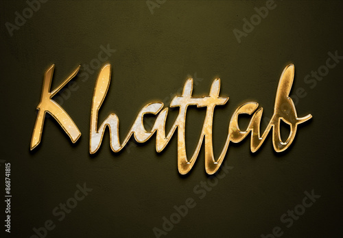 Old gold text effect of Arabic name Khattab with 3D glossy style Mockup. photo