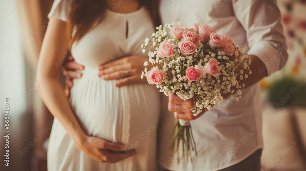 a happy pregnant wife with husband holding flowers , at home a happy pregnant wife with husband holding flowers , at home