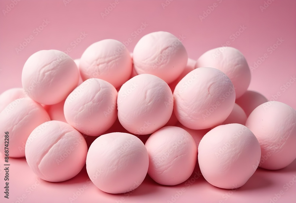 Soft pink marshmallows or cotton candy balls, close-up view of the fluffy, round confections against a pink background Soft pink marshmallows or cotton candy balls, close-up view of the fluffy, round confections against a pink background