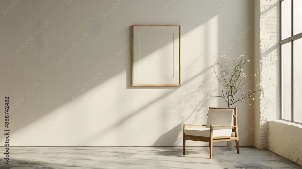 Elegant Wooden Frame and Minimalist Chair in Sleek Interior Space Elegant Wooden Frame and Minimalist Chair in Sleek Interior Space