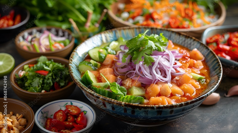 A bowl of salmon ceviche with cucumber, red onion, and cilantro A bowl of salmon ceviche with cucumber, red onion, and cilantro