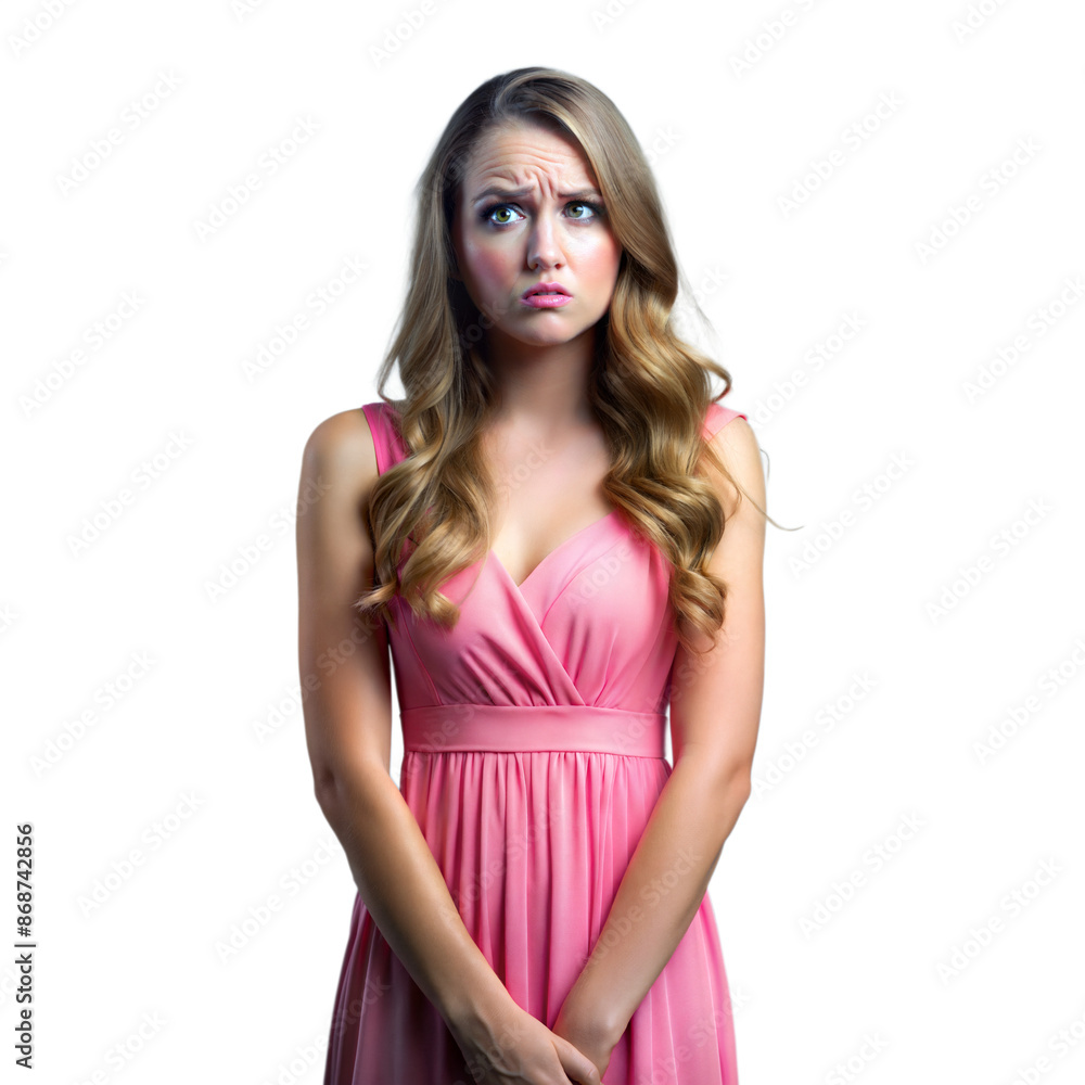 Young Blonde Woman Wearing Pink Dress With Worried Expression Young Blonde Woman Wearing Pink Dress With Worried Expression