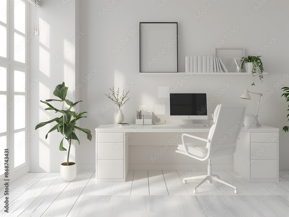 Minimal and Organized Home Office with Elegant Desk Setup in 3D Render Minimal and Organized Home Office with Elegant Desk Setup in 3D Render