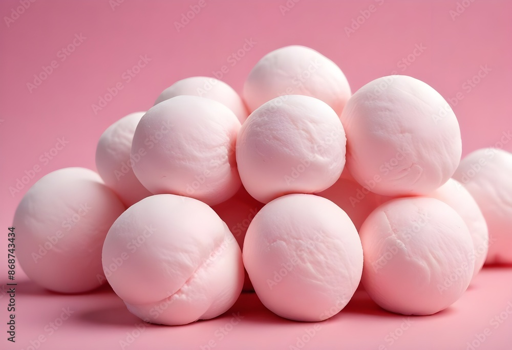Soft pink marshmallows or cotton candy balls, close-up view of the fluffy, round confections against a pink background Soft pink marshmallows or cotton candy balls, close-up view of the fluffy, round confections against a pink background