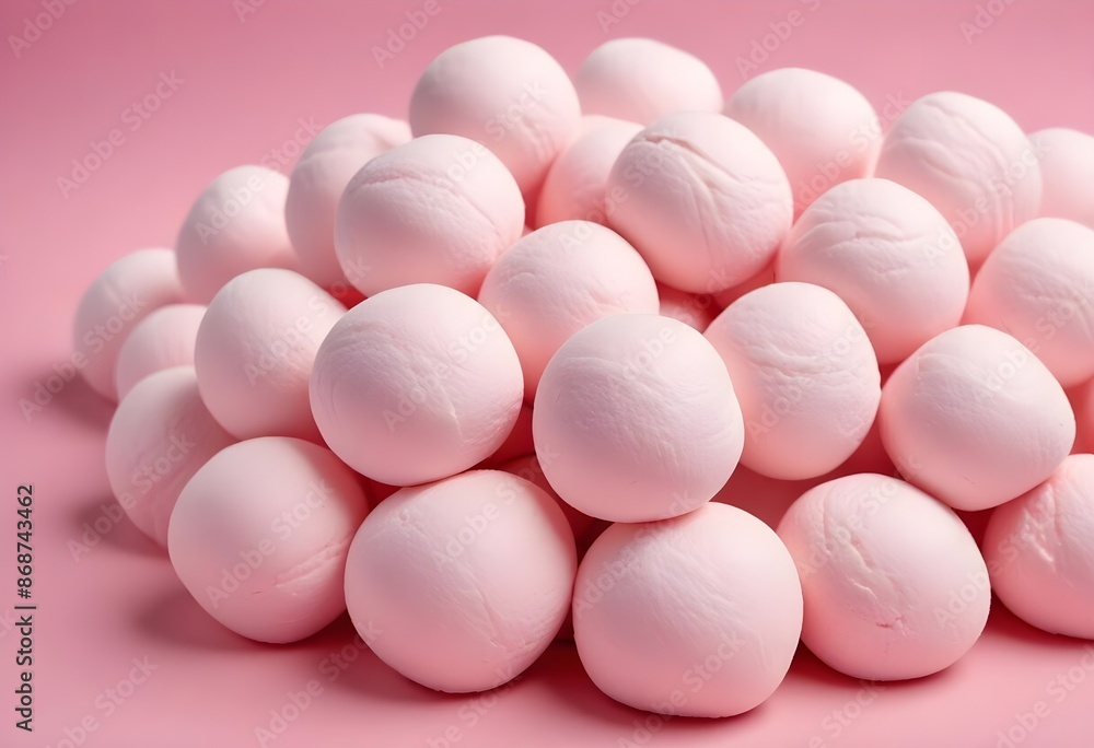 Soft pink marshmallows or cotton candy balls, close-up view of the fluffy, round confections against a pink background Soft pink marshmallows or cotton candy balls, close-up view of the fluffy, round confections against a pink background