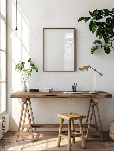 Minimal and Peaceful Home Office Setup with Natural Lighting and Wooden Accents