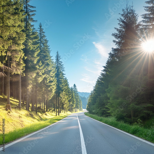 A quiet road running through a forest on a hot, sunny day