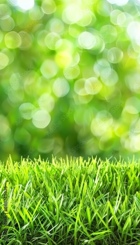 Lush green grass in vibrant close up contrasting with softly blurred garden background Lush green grass in vibrant close up contrasting with softly blurred garden background