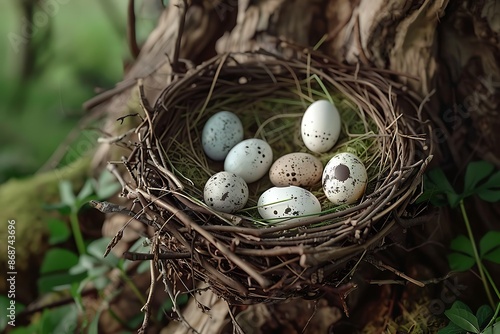 A stylized representation of a birda??s nest with eggs photo