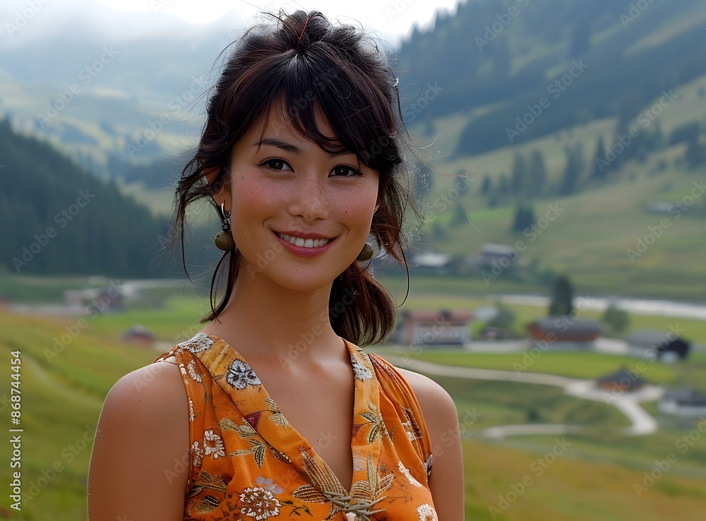 Smiling woman in an orange top in the Alps Smiling woman in an orange top in the Alps